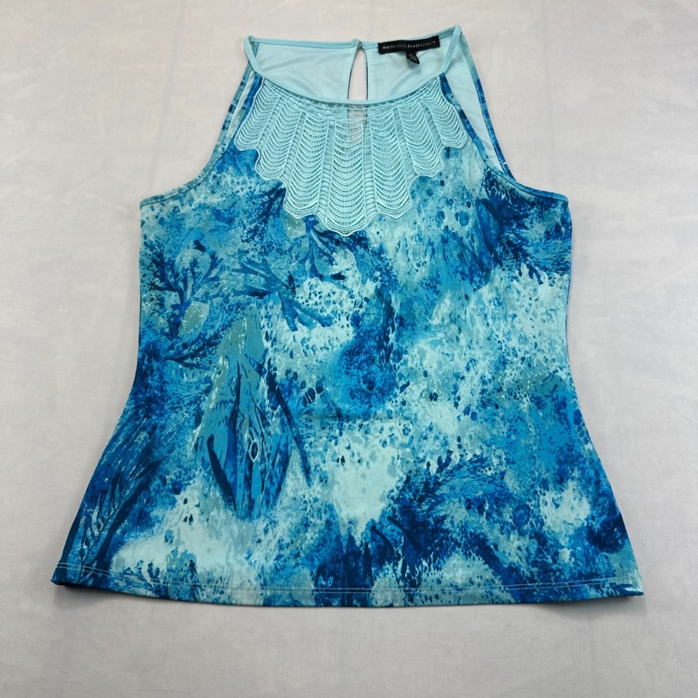 White House Black Market Halter Top Womens Small Blue Watercolor Crochet Trim